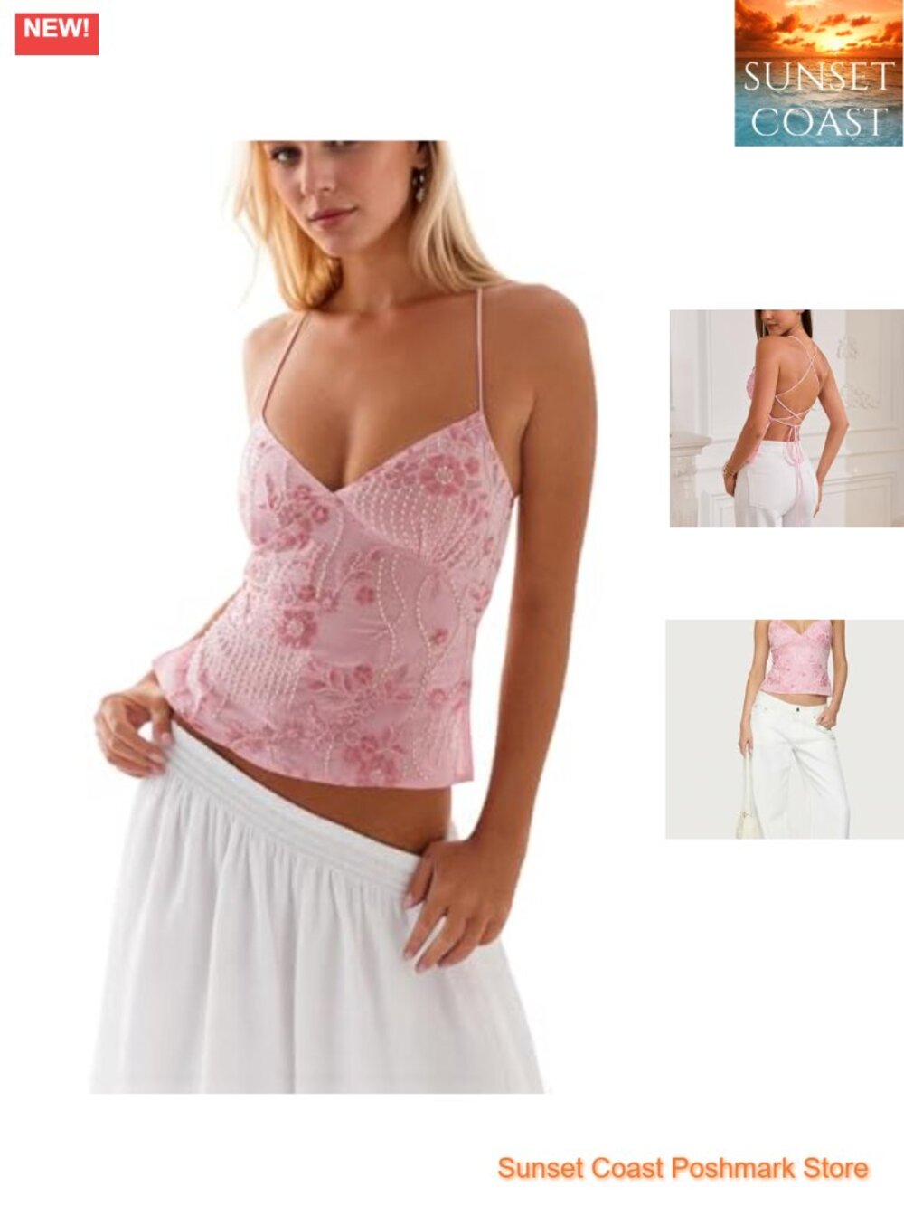 Women Sequin Cami Top Rhinestone Sparkle Sleeveless V Neck Open Back Summer